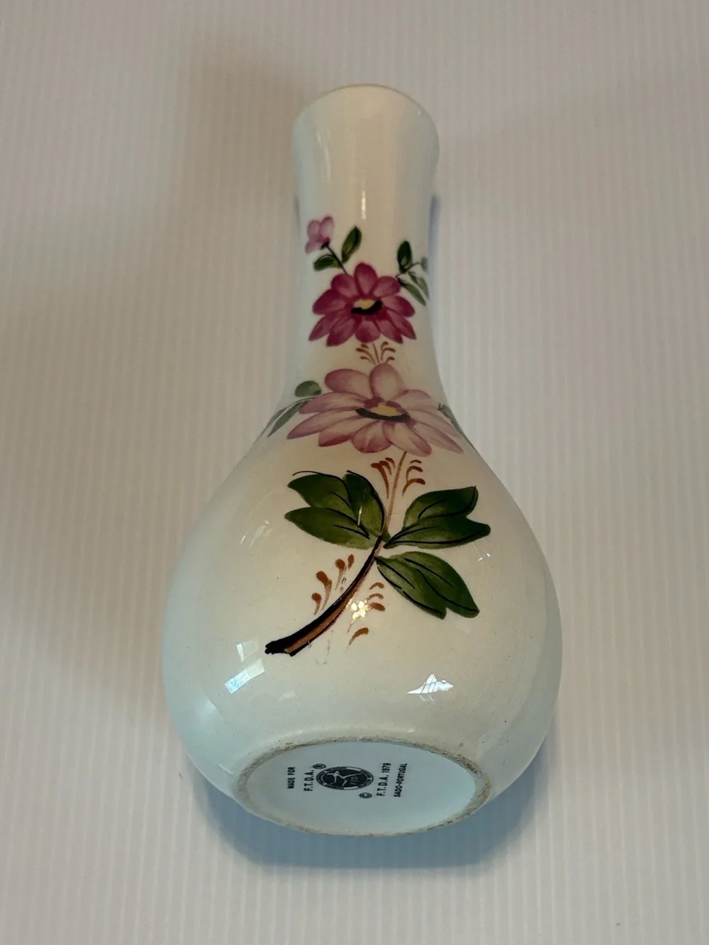 Vintage FTDA 1979 Sado Portugal - Pink Purple Flowers White Floral Vase